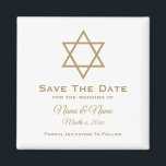 Save the Date Wedding Magnet : David Star<br><div class="desc">Star von David personalisierten Save the Date Hochzeitsmagneten in Weiß mit Goldschrift. Text ist vollständig anpassbar. Die Hintergrundfarbe kann geändert werden. Designed by Heard_.</div>
