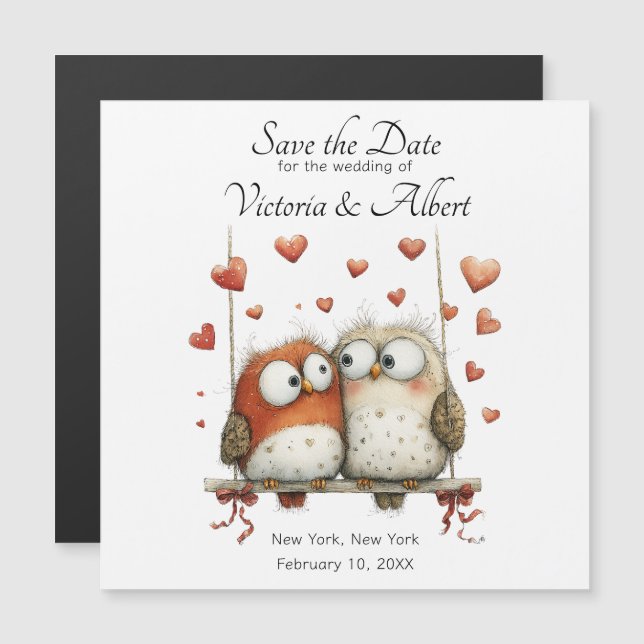 Save the Date Wedding Magnet Whimsical Owl Couple  (Vorne/Hinten)