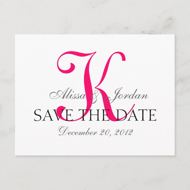Save the Date Wedding Monogram Announcement Pink Ankündigungspostkarte (Vorderseite)
