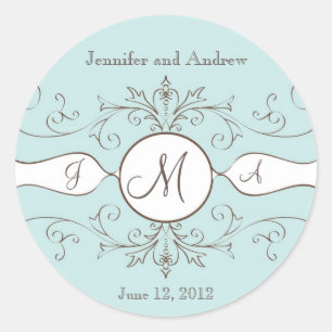 Save the Date Wedding Monogram Stickers Brown Blue