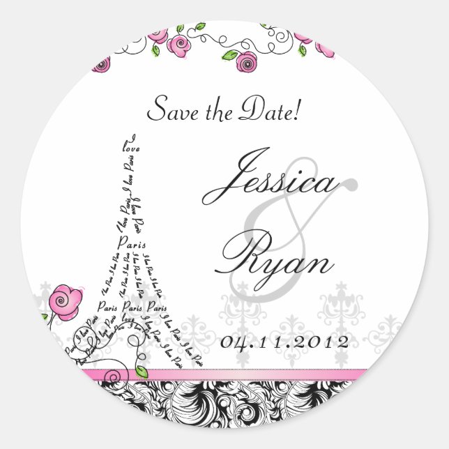 Save the Date Wedding Stickers Paris Schwarz-weiß (Vorderseite)
