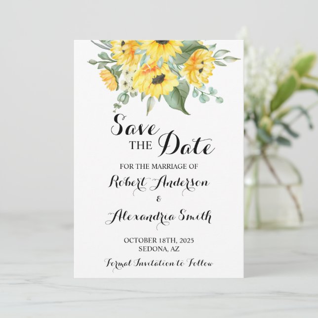 Save the Date Wedding Sunflowers Grüne Einladung (Stehend Vorderseite)