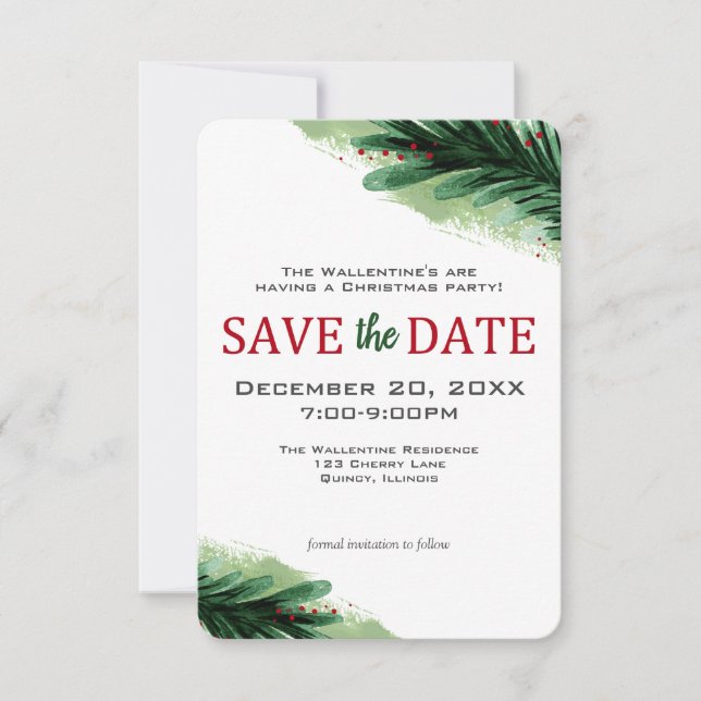 Save the Date Weihnachtskiefer Wasserfarbe Party | (Vorderseite)