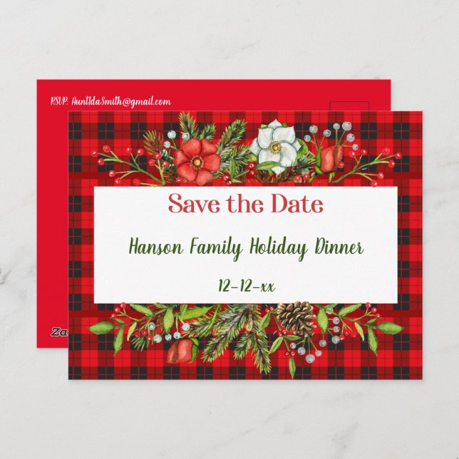 Save the Date Weihnachtsmahlzeit Flannel Einladung Postkarte (Vorne/Hinten)
