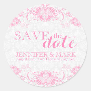 Save The Date Weiße Damaststoffe & Rosa Spitze Runder Aufkleber