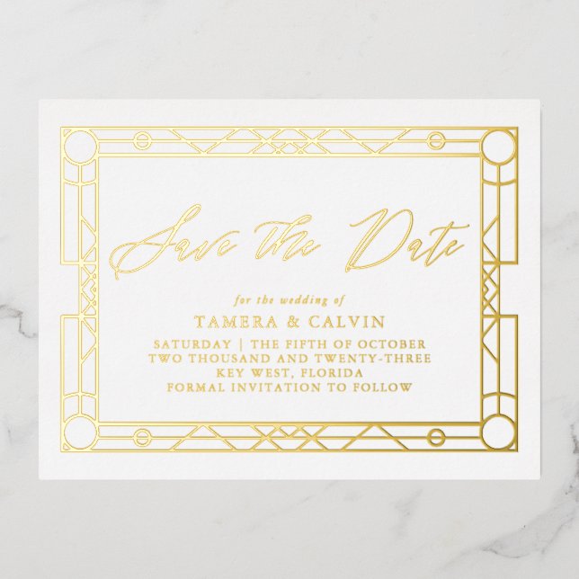 Save the Date weißer, eleganter Goldrahmen Folie Einladungspostkarte (Vorderseite)