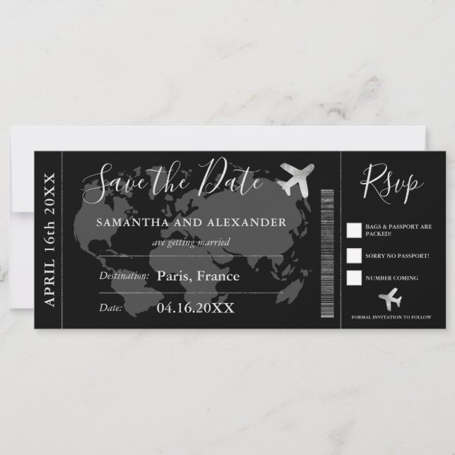 Save the Date Weltkarte Boarding Pass (Vorderseite)