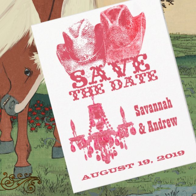 Save the Date Western Pink Cowboy Hat Khandelier Ankündigungspostkarte (Von Creator hochgeladen)