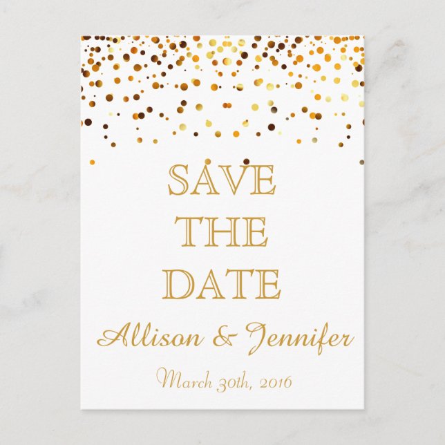 Save the Date White and Gold Glitzer Imitate Fossi Ankündigungspostkarte (Vorderseite)
