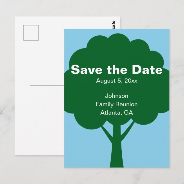 Save the Date Wiedersehen mit Name und Baum Postkarte (Vorne/Hinten)