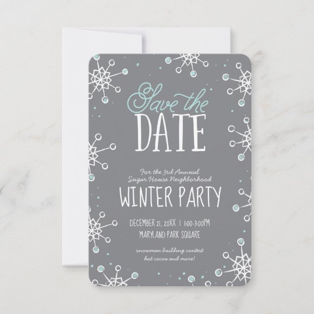 Save the Date Winter Snowflake Party Blue Gray | (Vorderseite)