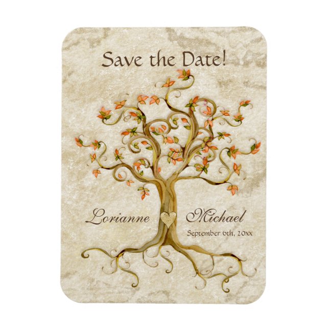 Save the Date wirl Tree Roots Antiqued Parchment Magnet (Vertikal)