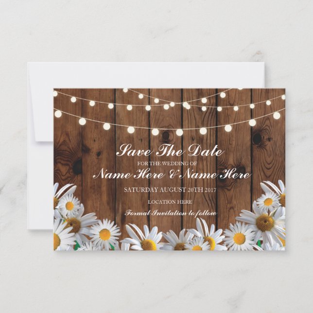 Save the Date Wood Rustic Daisy Lights Card (Vorderseite)