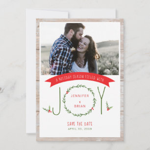 Save the Date Woodsy Wreath Joy Christmas Card Feiertagskarte