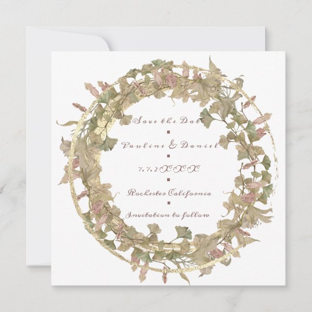 Save the Date Wreath Hütte Gold White Green (Vorderseite)