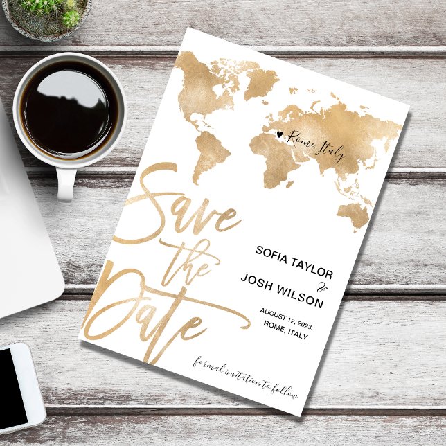 Save the Date Ziel World Map Gold Herzstück Einladung (Von Creator hochgeladen)