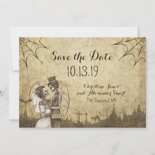Save the Date zu Halloween Hochzeit mit Skeletten