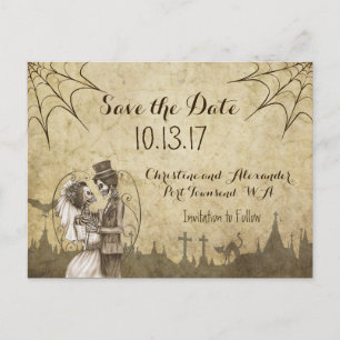 Save the Date zu Halloween Hochzeit mit Skeletten Ankündigungspostkarte
