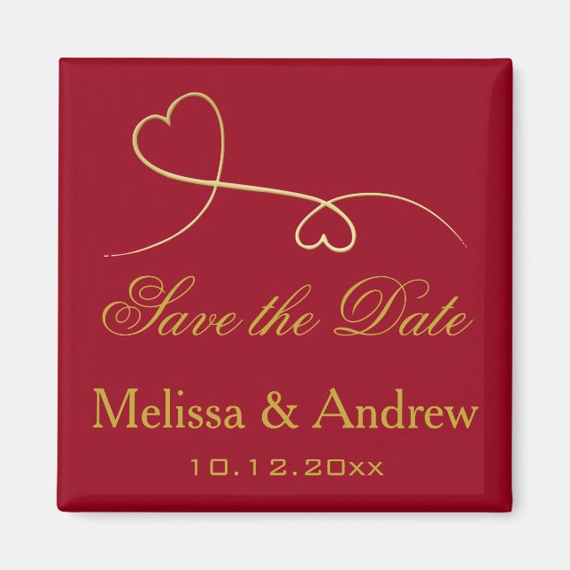 Save the Date zwei elegante Gold Hearts Red Weddin Magnet (Vorne)