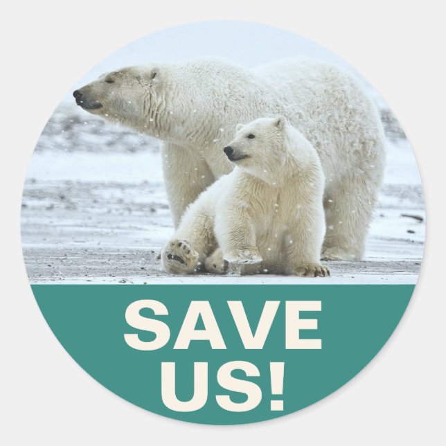 "Save Us!" Global Warming Slogan with Polar Bears Runder Aufkleber (Vorderseite)
