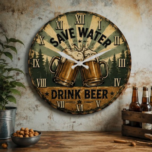 Save Water Drink Beer Funny Große Wanduhr (Von Creator hochgeladen)