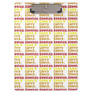 Saveloy, Chips & Curry Sauce. Klemmbrett
