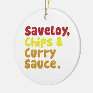 Saveloy, Pommes und Curry-Sauce. Keramikornament