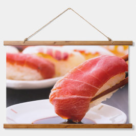 Savor the Moment – Sushi in Action Tapestry Wandteppich Mit Holzrahmen