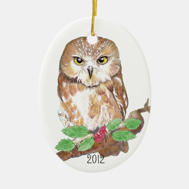 Saw Whelt Owl Weihnachtszeit nach Maß Keramikornament (Vorne)