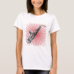Saxophon auf Schmutz-Rot-Sonnendurchbruch T-Shirt