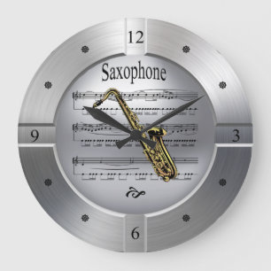 Saxophon ~ Blatt Music ~ Brushed Silver Color ~ Große Wanduhr