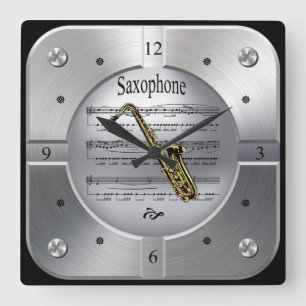Saxophon ~ Blatt Music ~ Brushed Silver Color ~ Quadratische Wanduhr