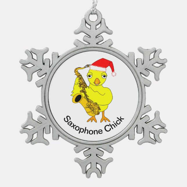 Saxophon Chick Schneeflocken Zinn-Ornament (Vorderseite)