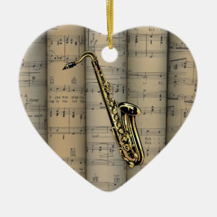 Saxophon ~ Gerollter Notenblatt-Hintergrund ~ Musi Keramik Ornament