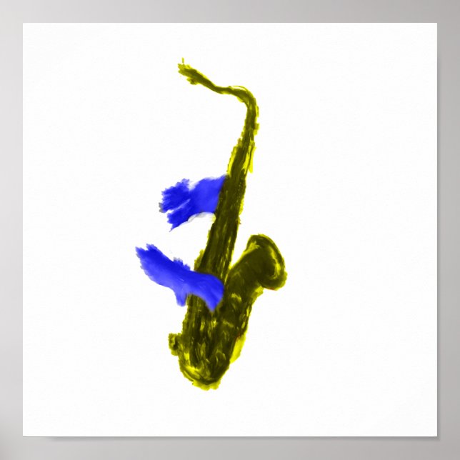 Saxophon, gespielt von zwei Händen, blau und gelb Poster (Vorne)