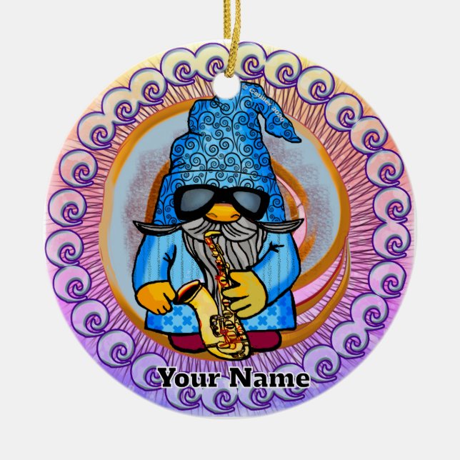 Saxophon-Gnom Keramik Ornament (Vorne)