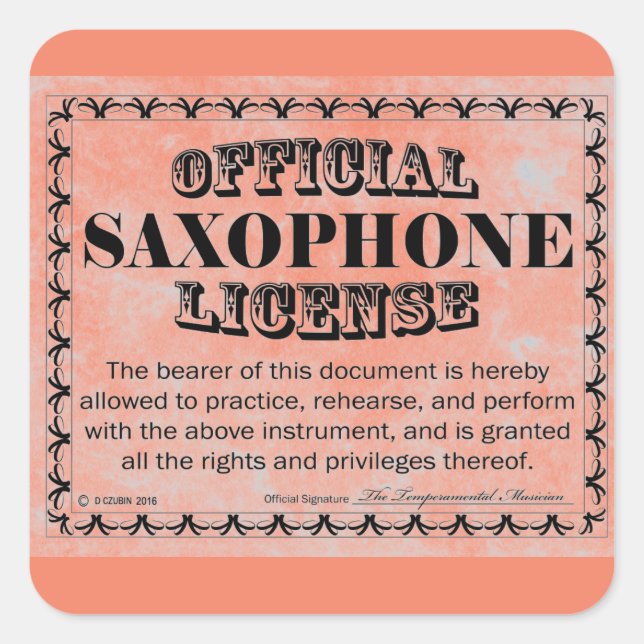 Saxophon License Square Aufkleber (Vorderseite)