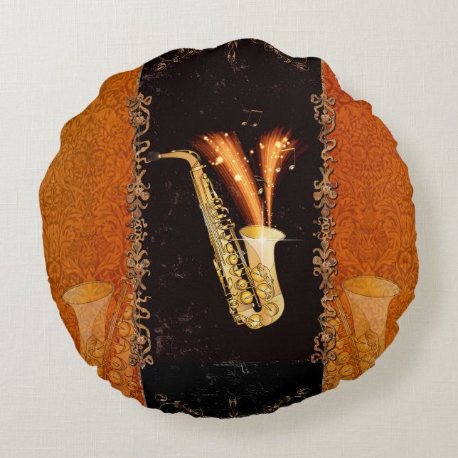 Saxophon mit Grundgedanken und Blumenelementen Rundes Kissen (Rückseite)