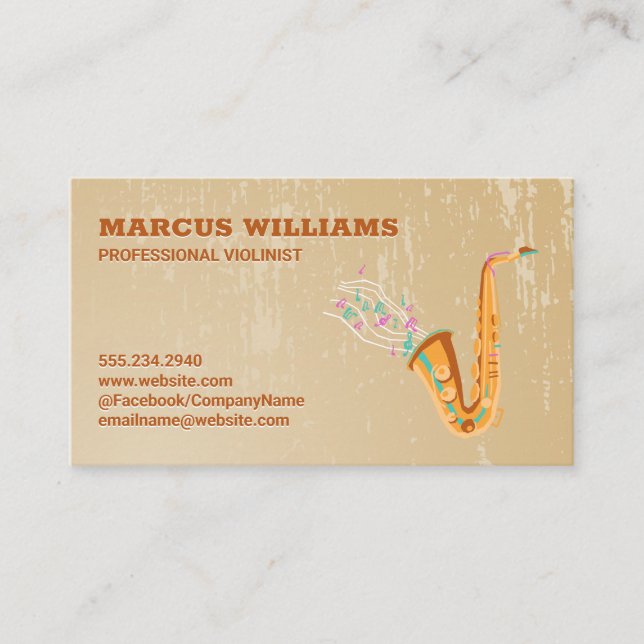 Saxophon Musical Notes | Grunge Hintergrund Visitenkarte (Vorderseite)