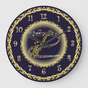 Saxophon ~ Musikalische Scroll ~ Gold/Navy Blue ~ Große Wanduhr