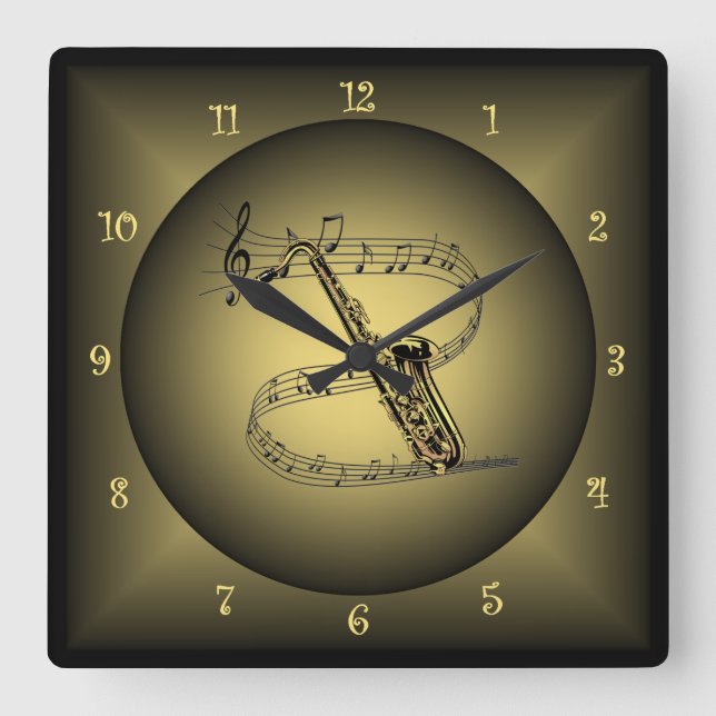 Saxophon ~ Musikinstrument ~ musikalische Skala ~ Quadratische Wanduhr (Vorderseite)
