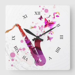 Saxophon niedliche Musik und Schmetterlinge Quadratische Wanduhr