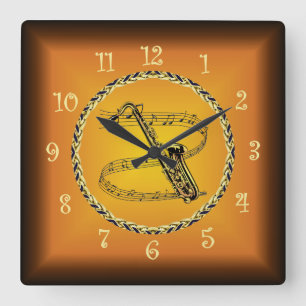 Saxophon on on Musical Scroll & Russet Orange ~ Quadratische Wanduhr