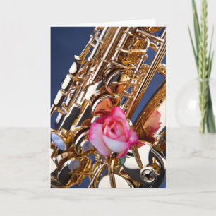 Saxophon & Pink Rose Picture Grußkarte Karte