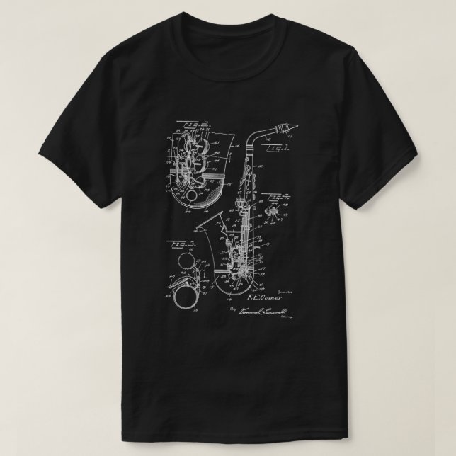 Saxophon Player Cooler Patentstil Alto Sax T-Shirt (Design vorne)