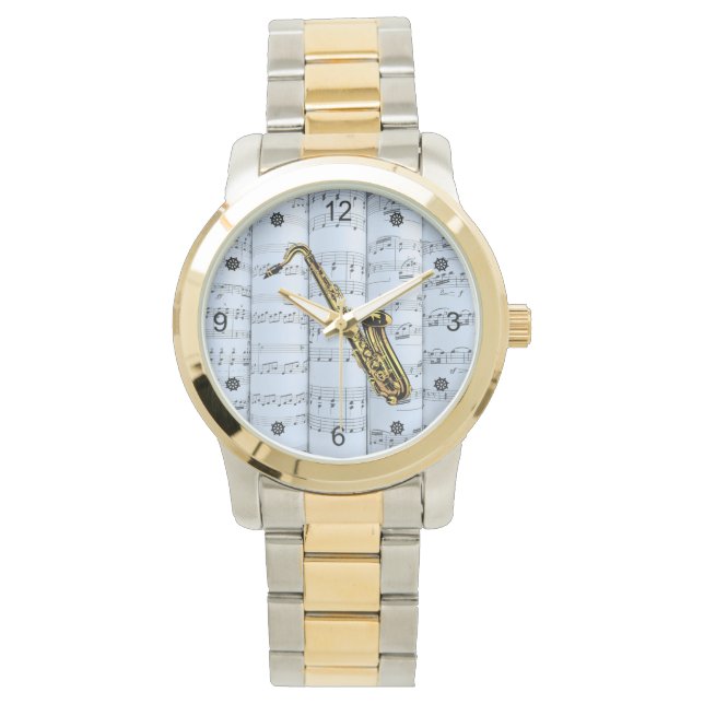 Saxophon~Rollsheet Music~Blue Tint Hintergrund Armbanduhr (Vorderseite)