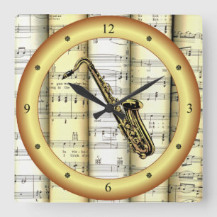 Saxophon ~ RollSheet Music ~ Gold Ring ~ * ~ Quadratische Wanduhr