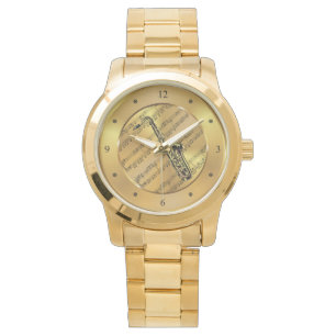 Saxophon ~ Sheet Music ~ Gold Background ~ Einziga Armbanduhr