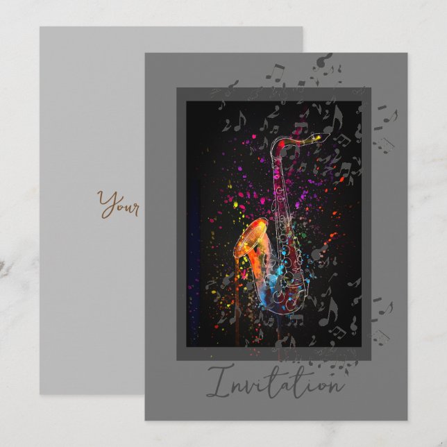 Saxophon Splash und Musiknoten Einladung (Vorne/Hinten)