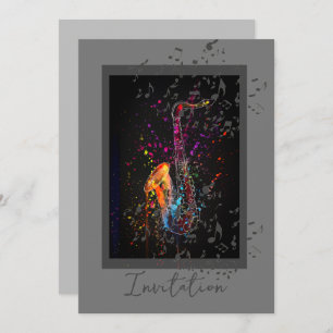 Saxophon Splash und Musiknoten Einladung